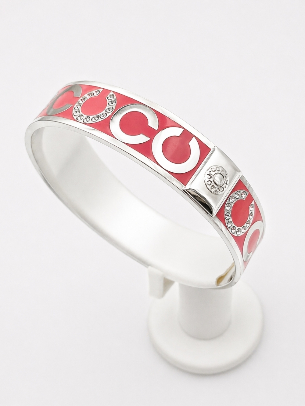 Coach Pink Crystal Accent Silver-Tone Enamel Bangle Bracelet